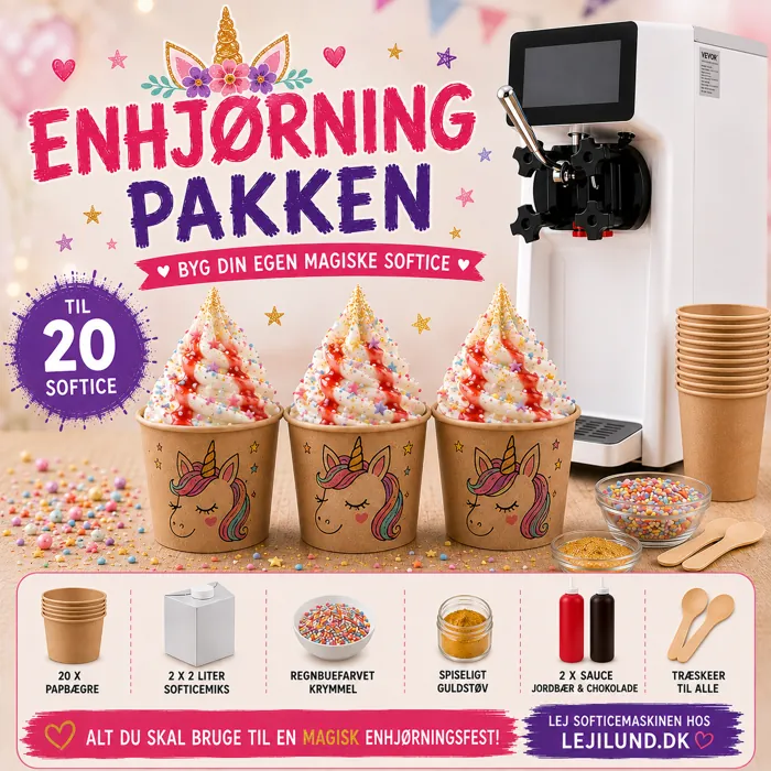 Enhjørningpakken – temapakke med regnbuekrymmel og guldstøv til softicemaskine leje
